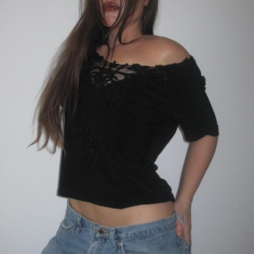 Off-Shoulder Black Lace Accent Women's Top